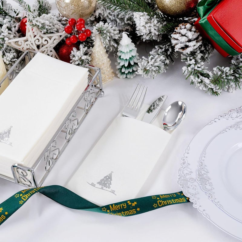 Joyido 100PCS Christmas Paper Napkins - Silver Christmas Tree Napkin with Built-in Flatware Pocket Prefolded Cloth-Like - Heavy-duty Linen-Feel Dinner Napkins Disposable for Xmas Tableware Decor - Image 4